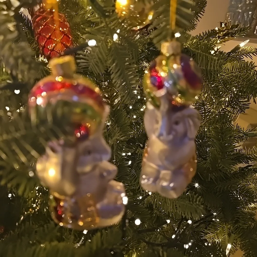 VTG‎ Lot Of 2 Christmas Glass Ornament Elephant Circus Style Ball Hat